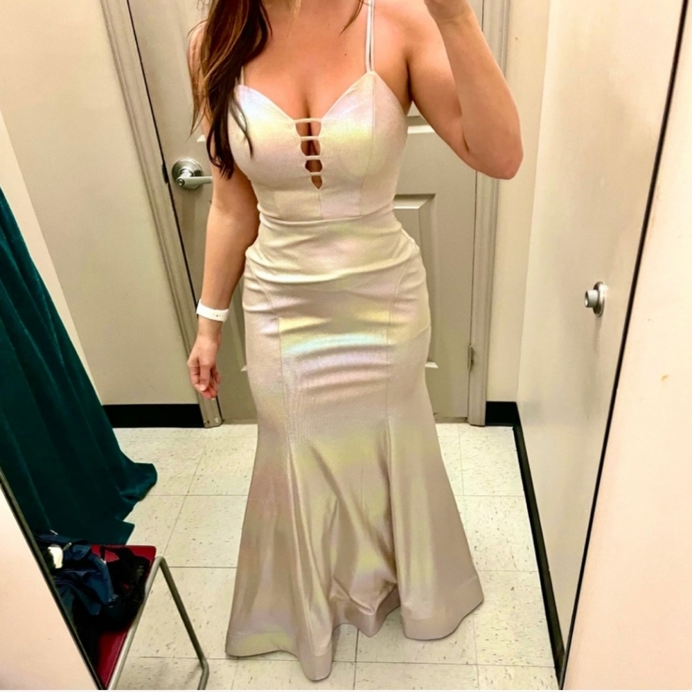 City Vibe | Spaghetti Strap V-Neck Iridescent Foiled Long Dress